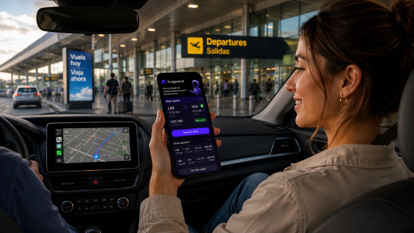 Agente AI reservando un vuelo desde el celular camino al aeropuerto