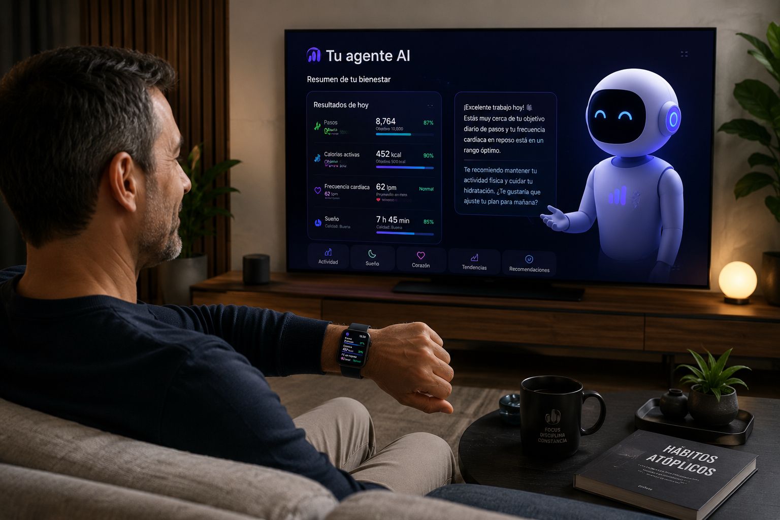 Agente AI de bienestar en el televisor de una sala